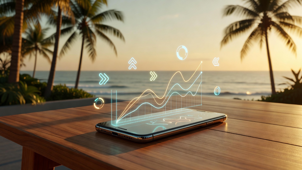Smartphone moderno com gráficos de desempenho e fundo de praia tropical ao pôr do sol