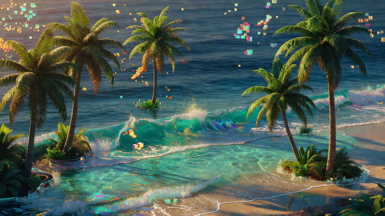 Ambiente abstrato de jogo mobile com palmeiras, ondas digitais e partículas de pixels