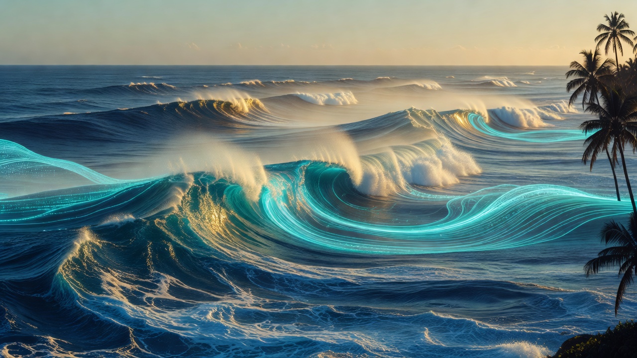 Vista ampla de ondas do oceano com acentos digitais e silhuetas de palmeiras ao pôr do sol