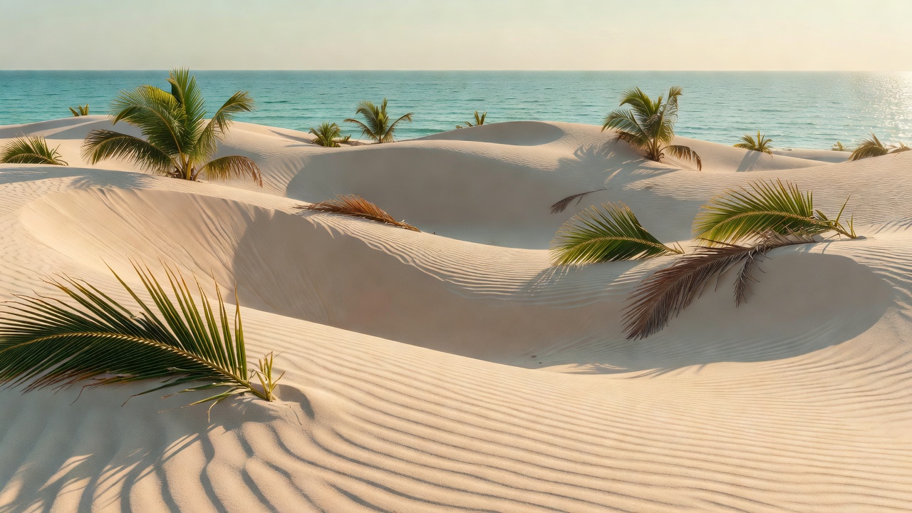 Dunas de areia suave com folhas de palmeira e padrões em forma de onda, oceano turquesa ao fundo