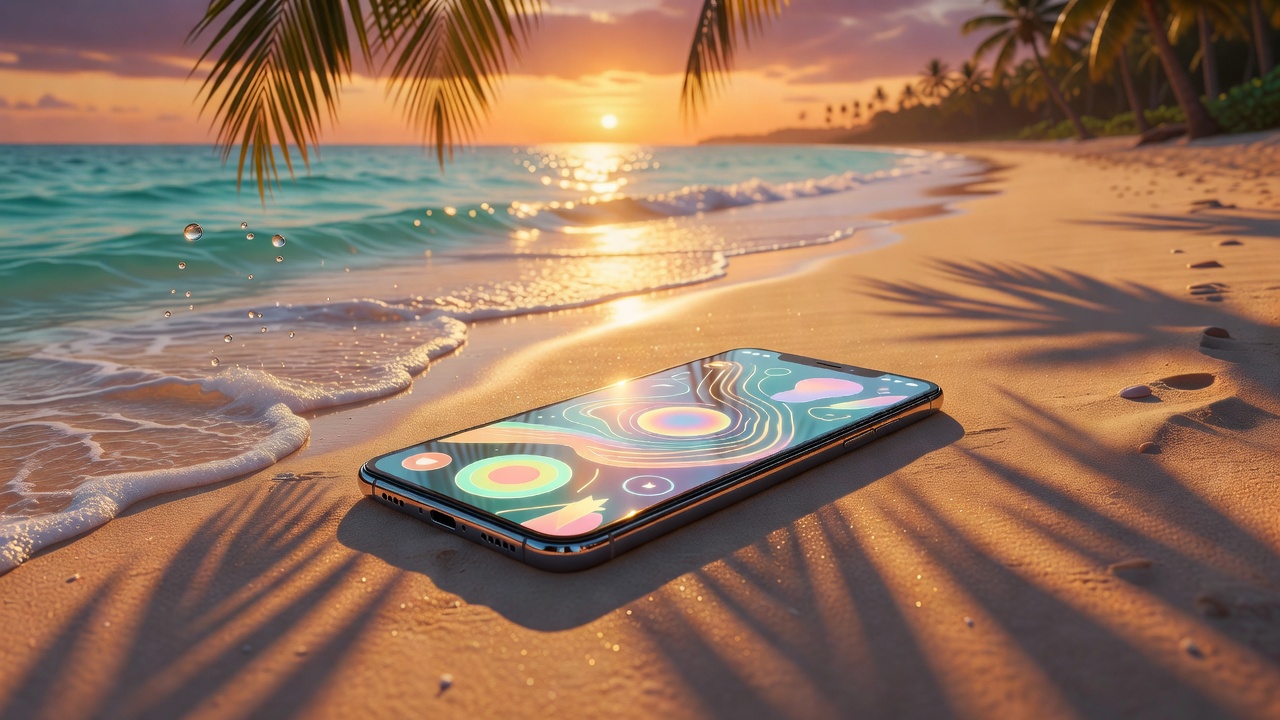 Smartphone sobre areia dourada com ondas se aproximando e sombras de palmeira
