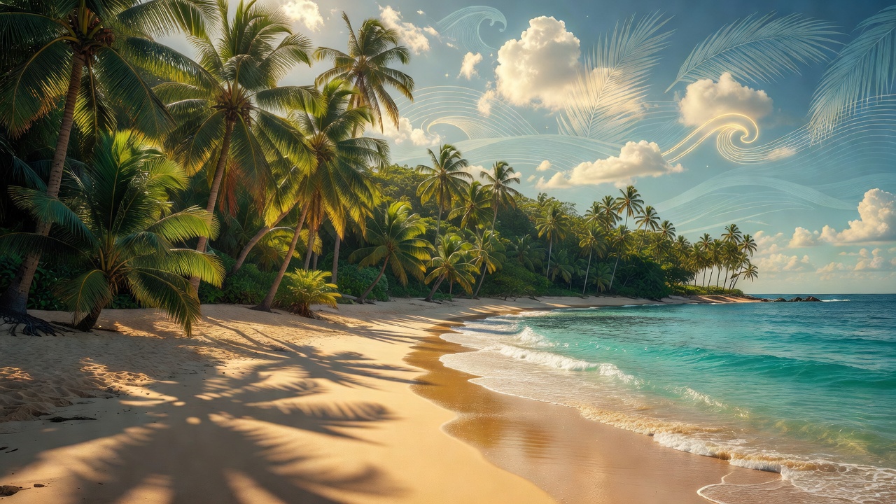 Praia tropical com palmeiras, ondas do oceano turquesa e luz do sol quente - fundo hero do Palm Wave Flow