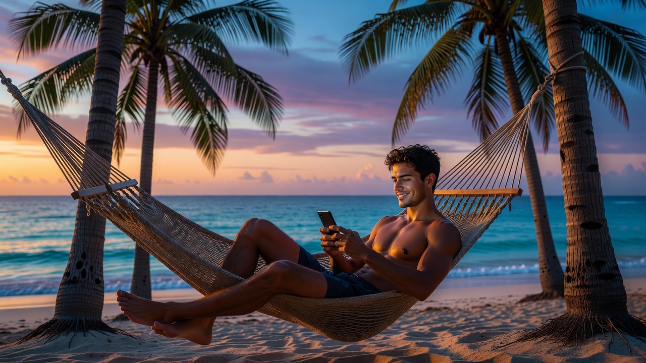 Jovem jogando confortavelmente em rede entre palmeiras com vista para o oceano ao pôr do sol