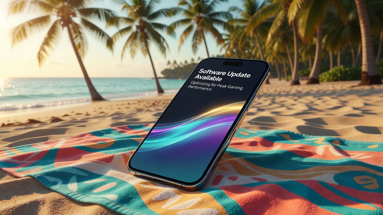 Smartphone recebendo atualização de software em toalha de praia com vista para o mar