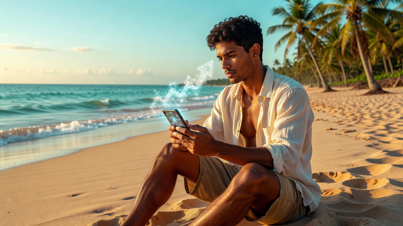 Jovem verificando conexão de internet no smartphone sentado na praia tropical